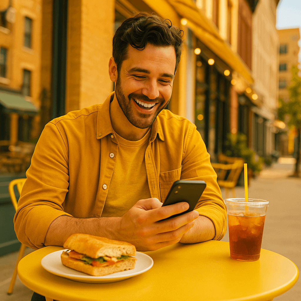 Entrepreneur smiling at phone while eating lunch, receiving inbound leads through LeadsByLunch.com lead system.<br />
