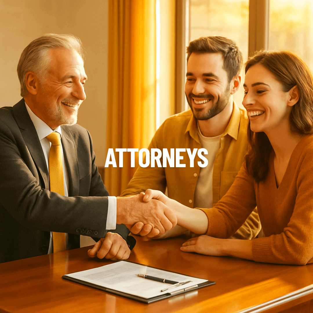 Lawyer shaking hands with clients during legal consultation in bright office using LeadsByLunch.com for attorney leads.<br />
