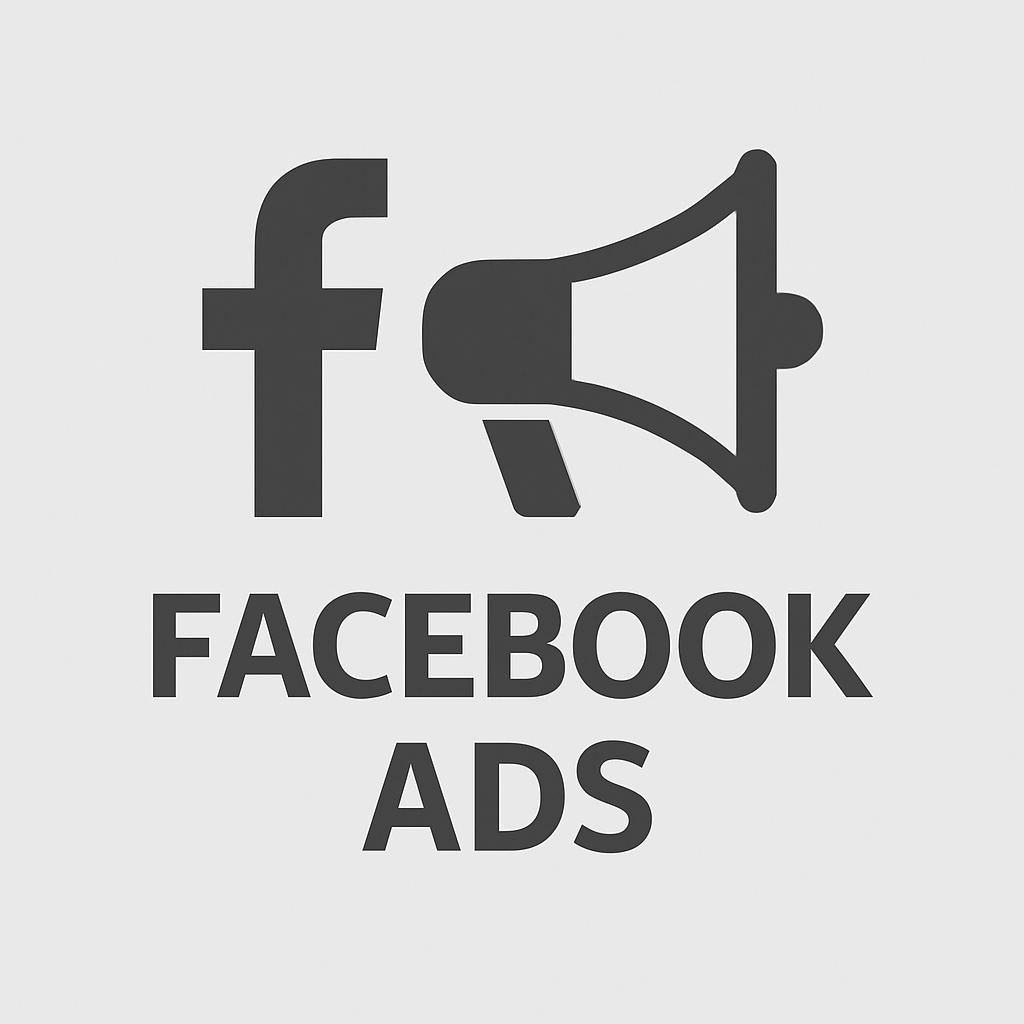 Grayscale Facebook Ads logo featuring a bold “f” icon with either a megaphone or block text, on a light gray background.</p>
<p>