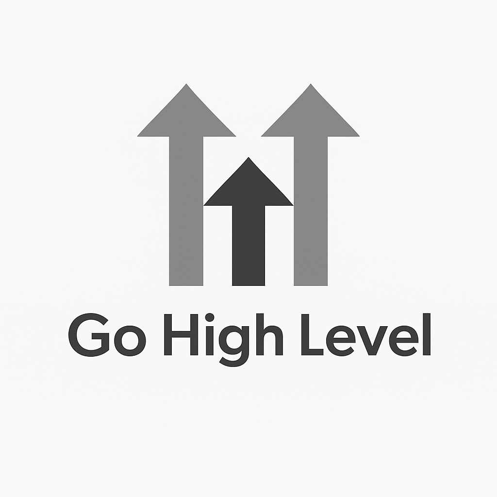 Grayscale Go High Level logo with upward arrow icon in a clean vector format, set on a light background.