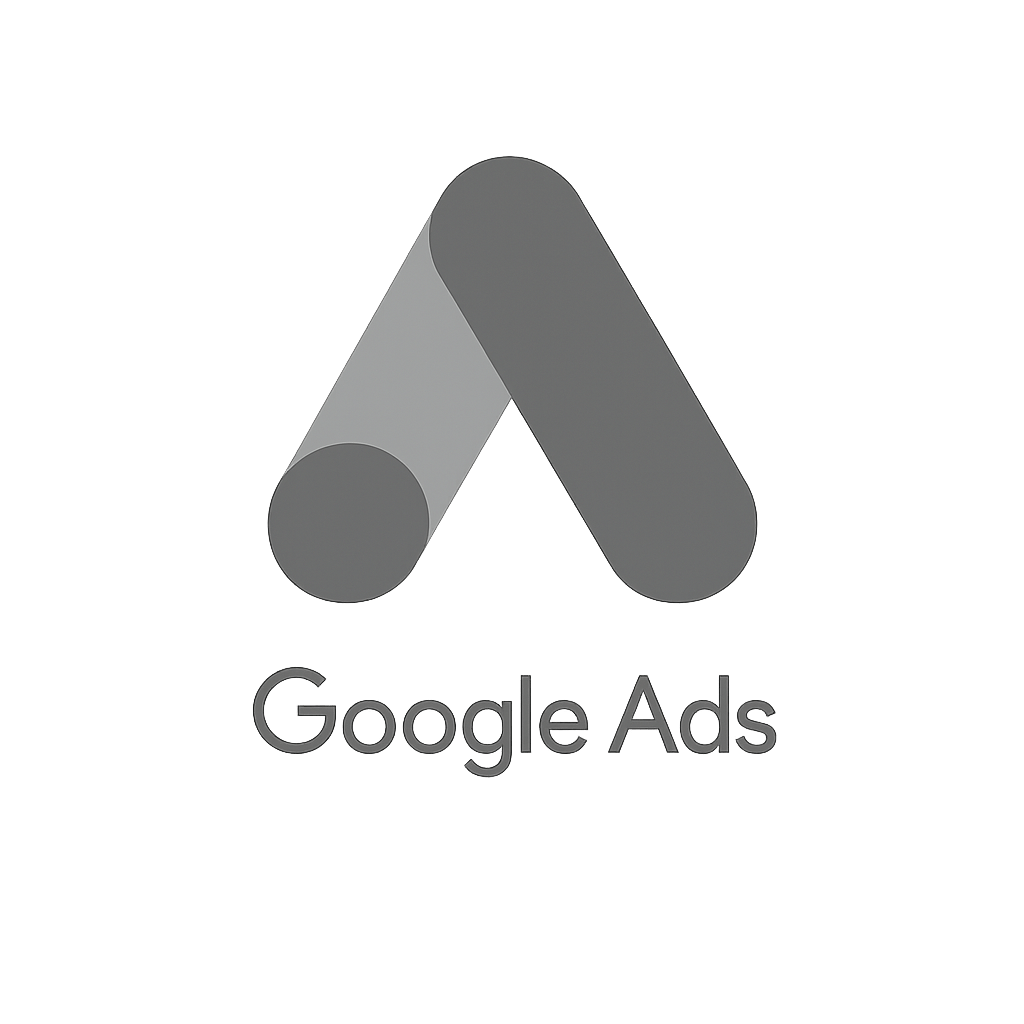 Grayscale Google Ads logo with overlapping triangular and circular shapes, displayed on a light gray background.</p>
<p>