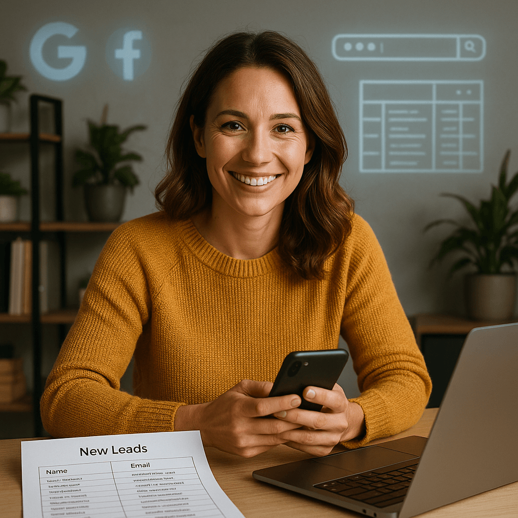 A smiling woman in a mustard sweater sits at a desk holding a smartphone, with a laptop open beside her and a printed spreadsheet labeled “New Leads.” Digital icons for Google, Facebook, and website search are projected behind her, representing multi-channel lead generation.</p>
<p>